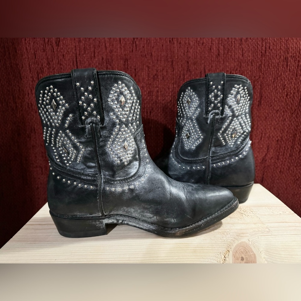 Frye Distressed Black Billy Stud Short Cowboy Boots/Booties